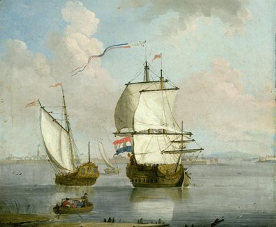 A Dutch East Indian man and a Royal Yacht in an Estuary with a Town Beyond by Francis Swaine